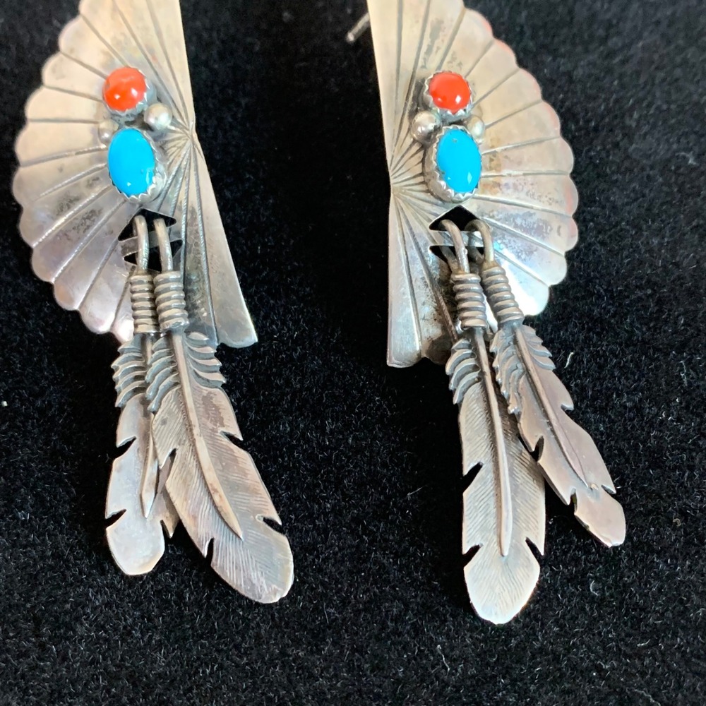Vintage Sterling Silver Turquoise Coral Fan Feather Dangle Post Earrings - Picture 3 of 6
